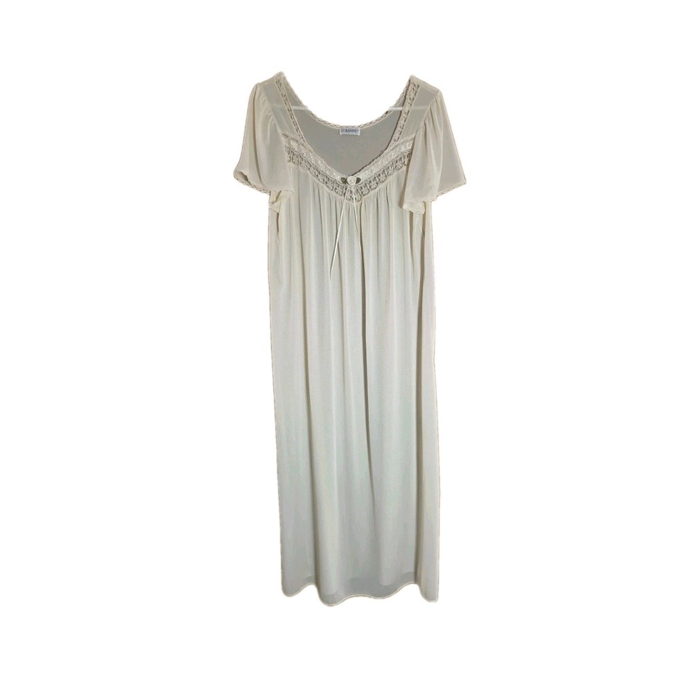 Lorraine Nightgown Large Cream Lace Trim Maxi Long Sleep Dress USA Vtg